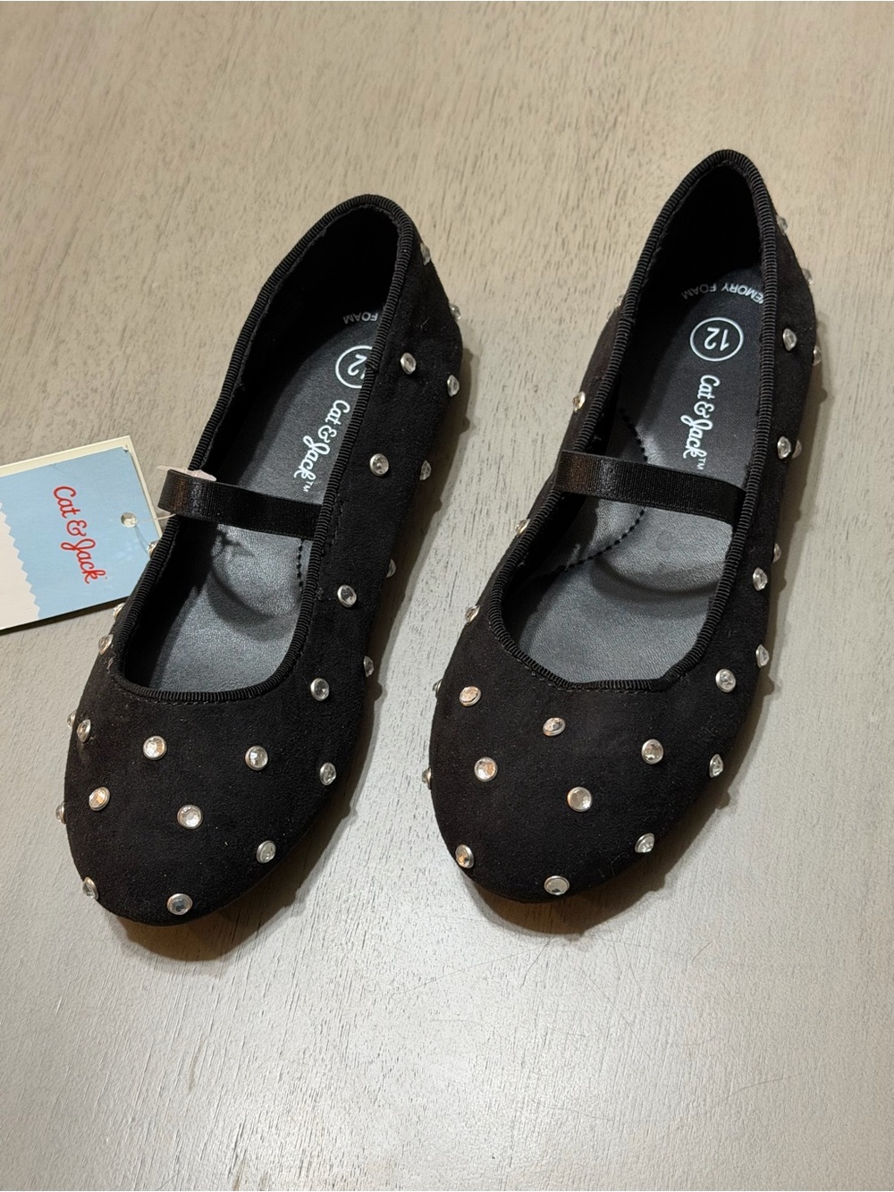 Cat & Jack Black Mary Jane Flats with Studded Rhinestones 12 Toddler